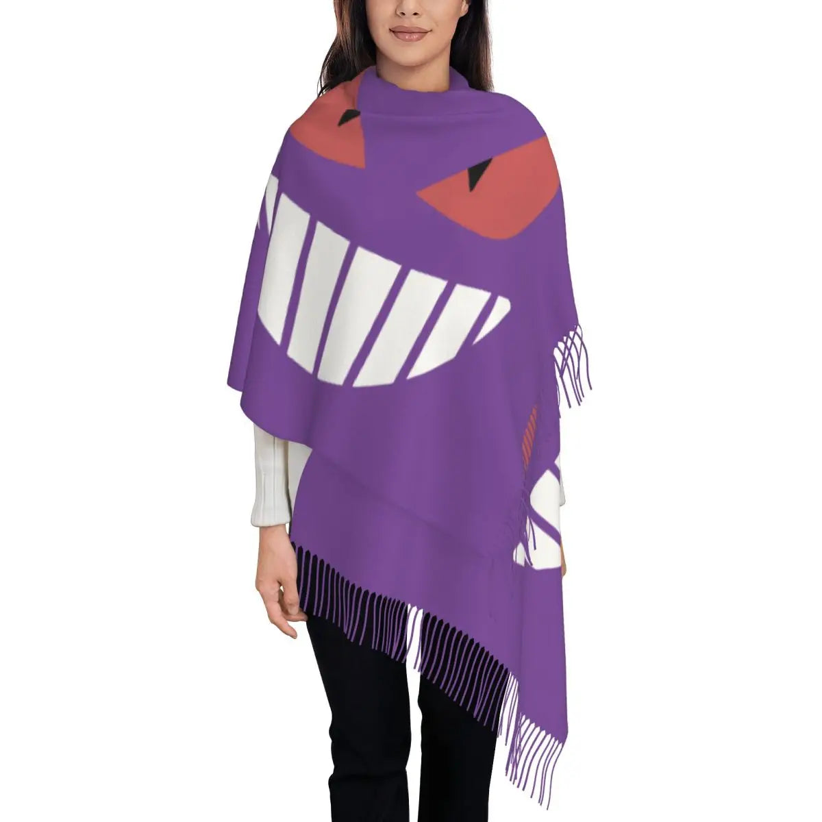 "Spooky Smile Tassel Scarf - Large Cozy Anime-Inspired Wrap for Fall & Winter | Game-Inspired Pashmina Shawl for Casual Wear"