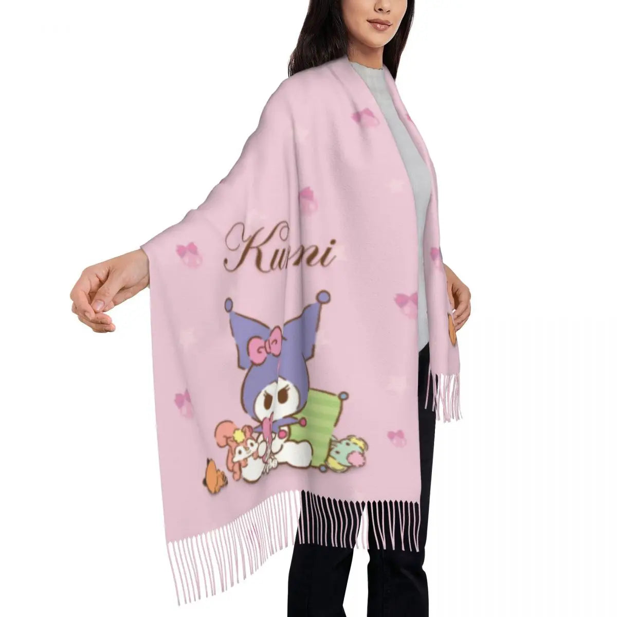 Custom Print Kawaii Tassel Winter Scarf - Cozy Anime-Inspired Shawl Wrap for Women