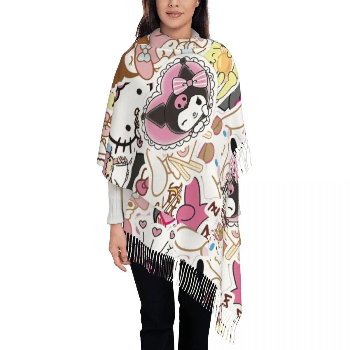 Custom Print Kawaii Tassel Winter Scarf - Cozy Anime-Inspired Shawl Wrap for Women