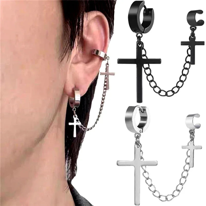 🖤 Gothic Cross & Sword Tassel Earrings – Punk Dangle Drop Earrings for Men & Women