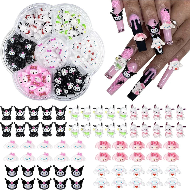 70PCs Kawaii Nail Art Charms – Sanrio-Inspired Hello Kitty & Kuromi Nail Rhinestones for DIY Manicure & Crafts