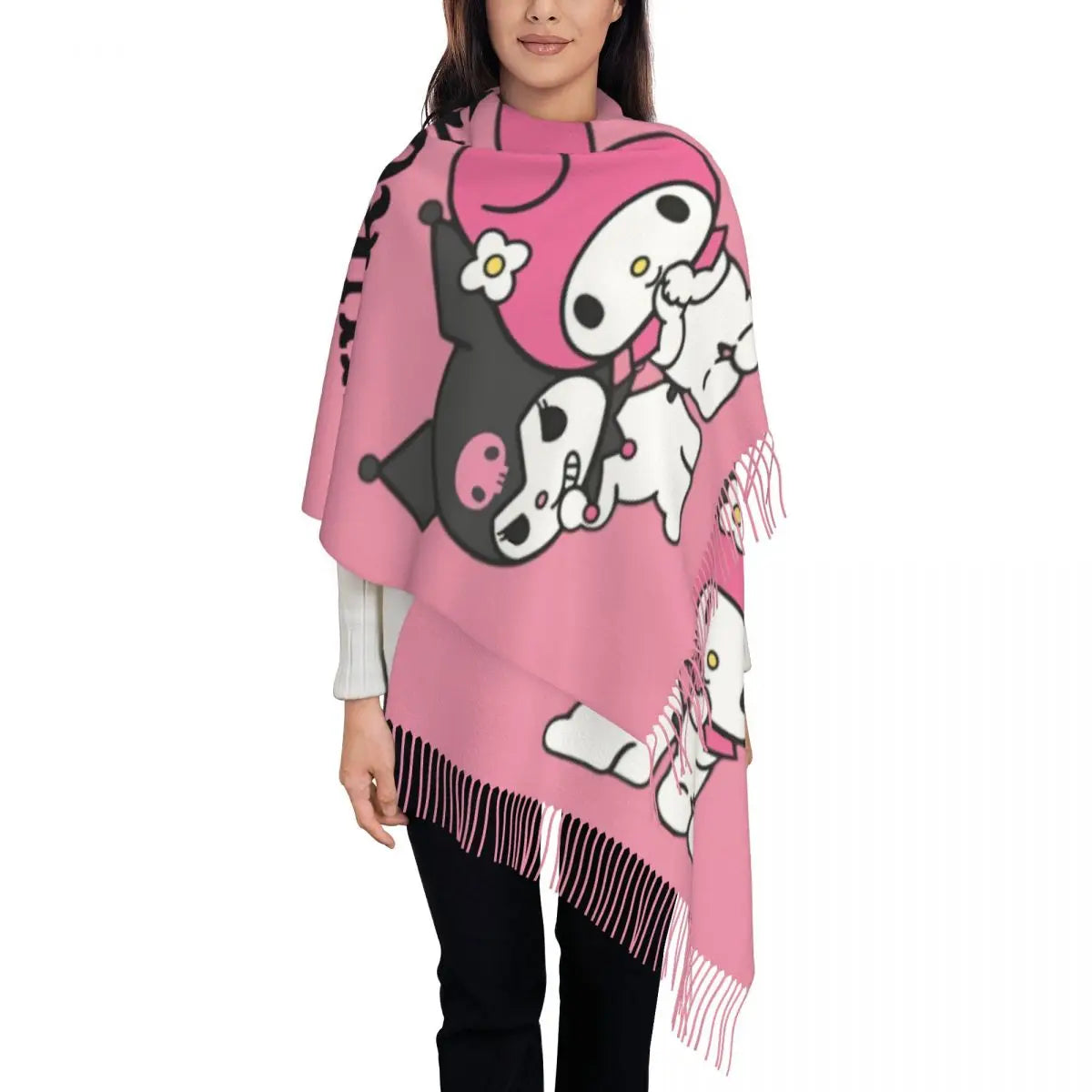 Custom Print Kawaii Tassel Winter Scarf - Cozy Anime-Inspired Shawl Wrap for Women