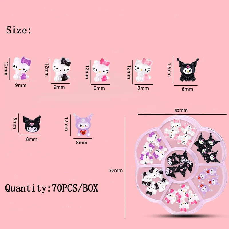 70PCs Kawaii Nail Art Charms – Sanrio-Inspired Hello Kitty & Kuromi Nail Rhinestones for DIY Manicure & Crafts