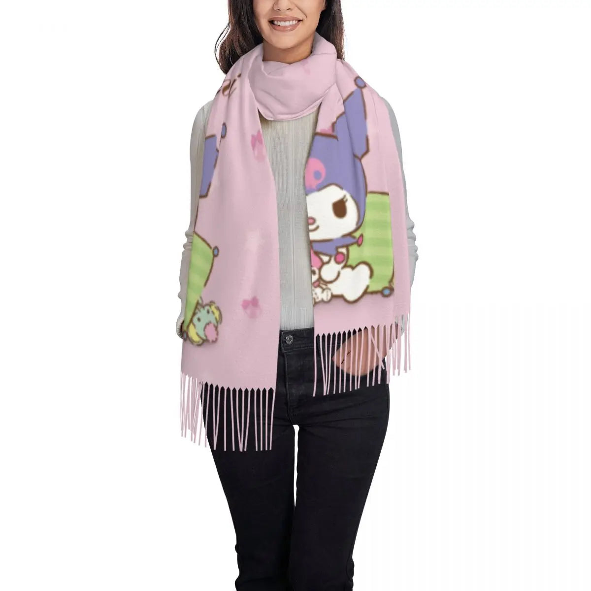 Custom Print Kawaii Tassel Winter Scarf - Cozy Anime-Inspired Shawl Wrap for Women