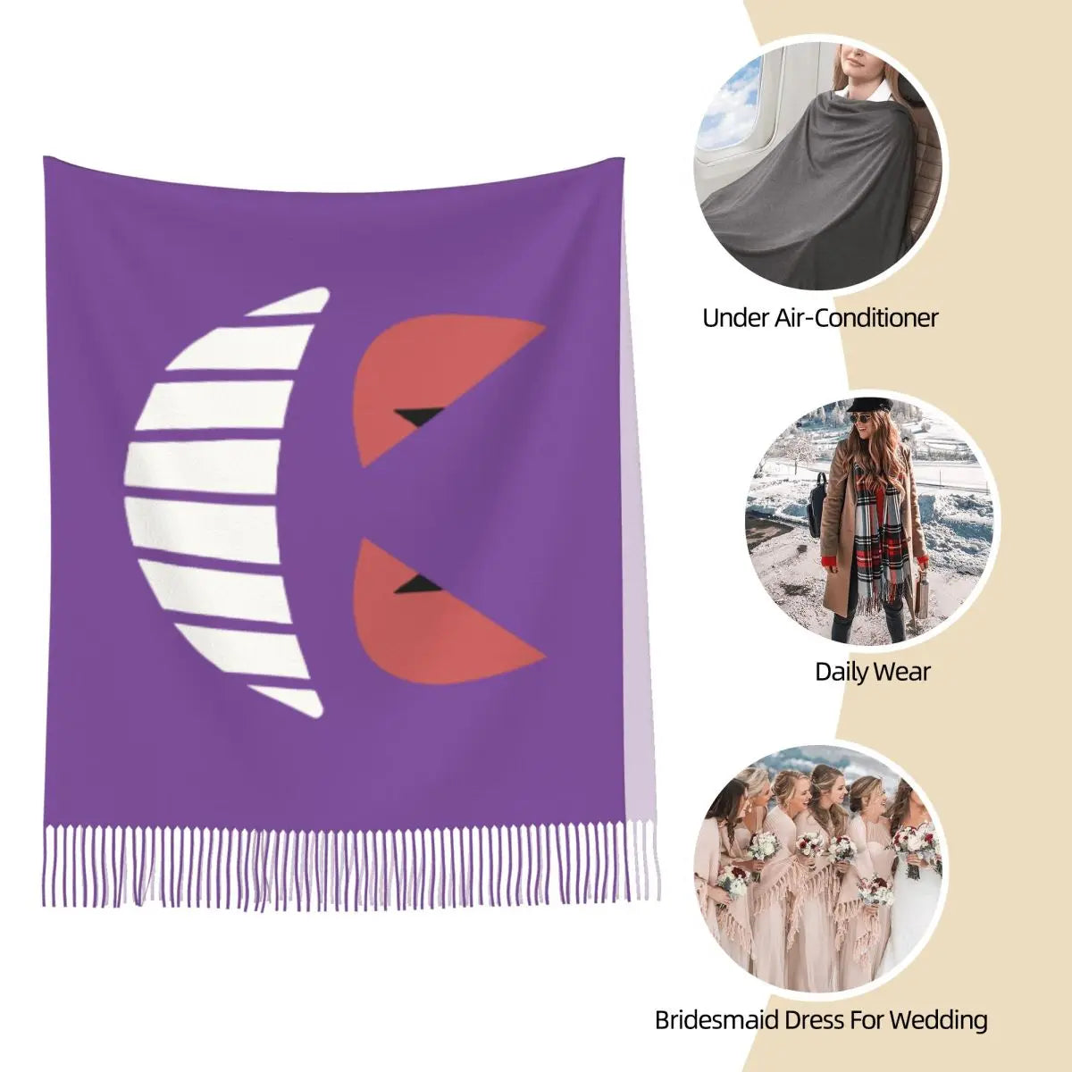 "Spooky Smile Tassel Scarf - Large Cozy Anime-Inspired Wrap for Fall & Winter | Game-Inspired Pashmina Shawl for Casual Wear"