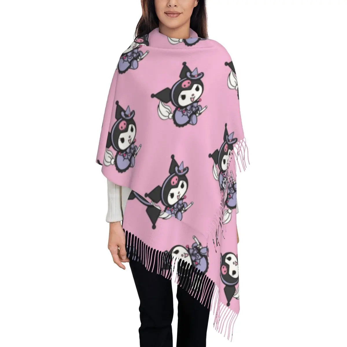 Custom Print Kawaii Tassel Winter Scarf - Cozy Anime-Inspired Shawl Wrap for Women