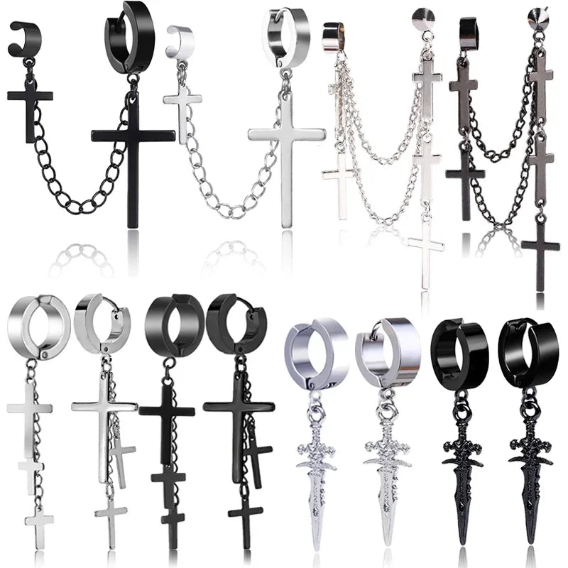 🖤 Gothic Cross & Sword Tassel Earrings – Punk Dangle Drop Earrings for Men & Women