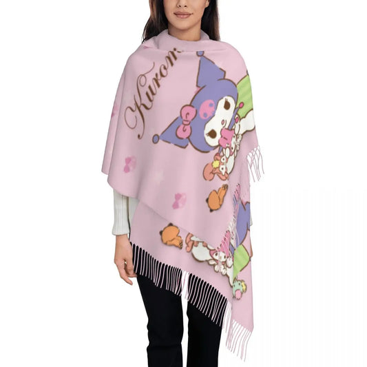 Custom Print Kawaii Tassel Winter Scarf - Cozy Anime-Inspired Shawl Wrap for Women