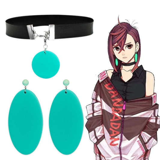 "Elegant Green Cosplay Earrings & Necklace – Anime-Inspired Jewelry"