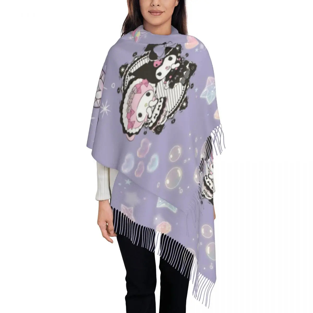 Custom Print Kawaii Tassel Winter Scarf - Cozy Anime-Inspired Shawl Wrap for Women