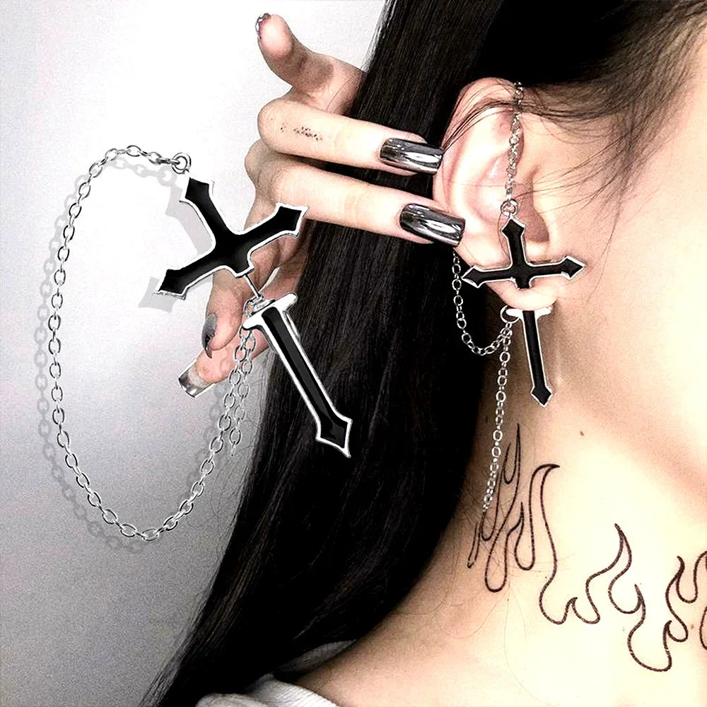 🖤 Gothic Cross & Sword Tassel Earrings – Punk Dangle Drop Earrings for Men & Women