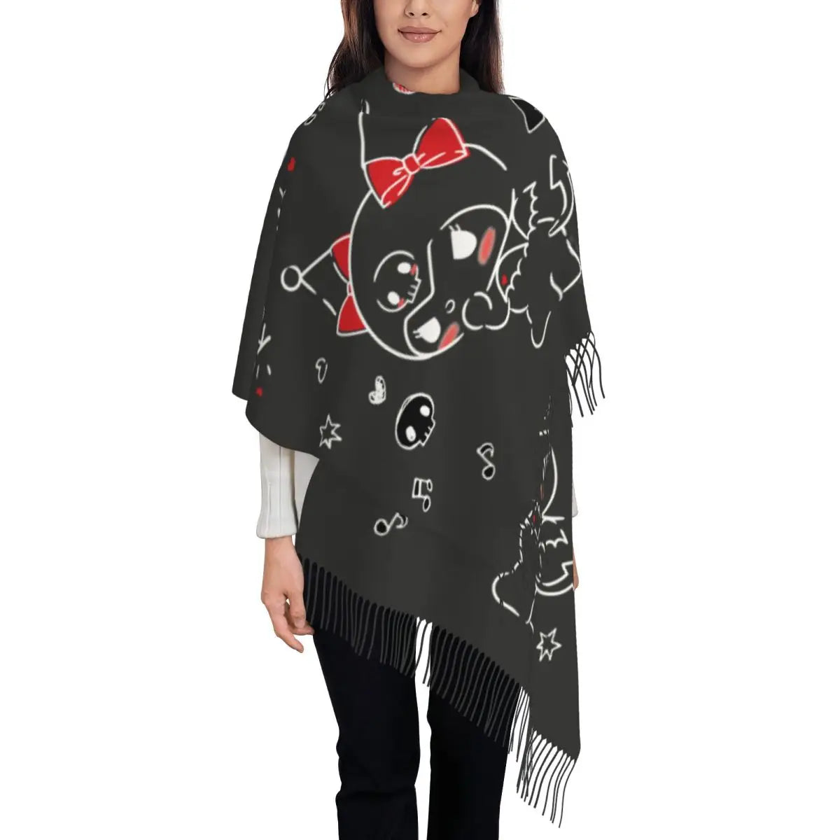 Custom Print Kawaii Tassel Winter Scarf - Cozy Anime-Inspired Shawl Wrap for Women