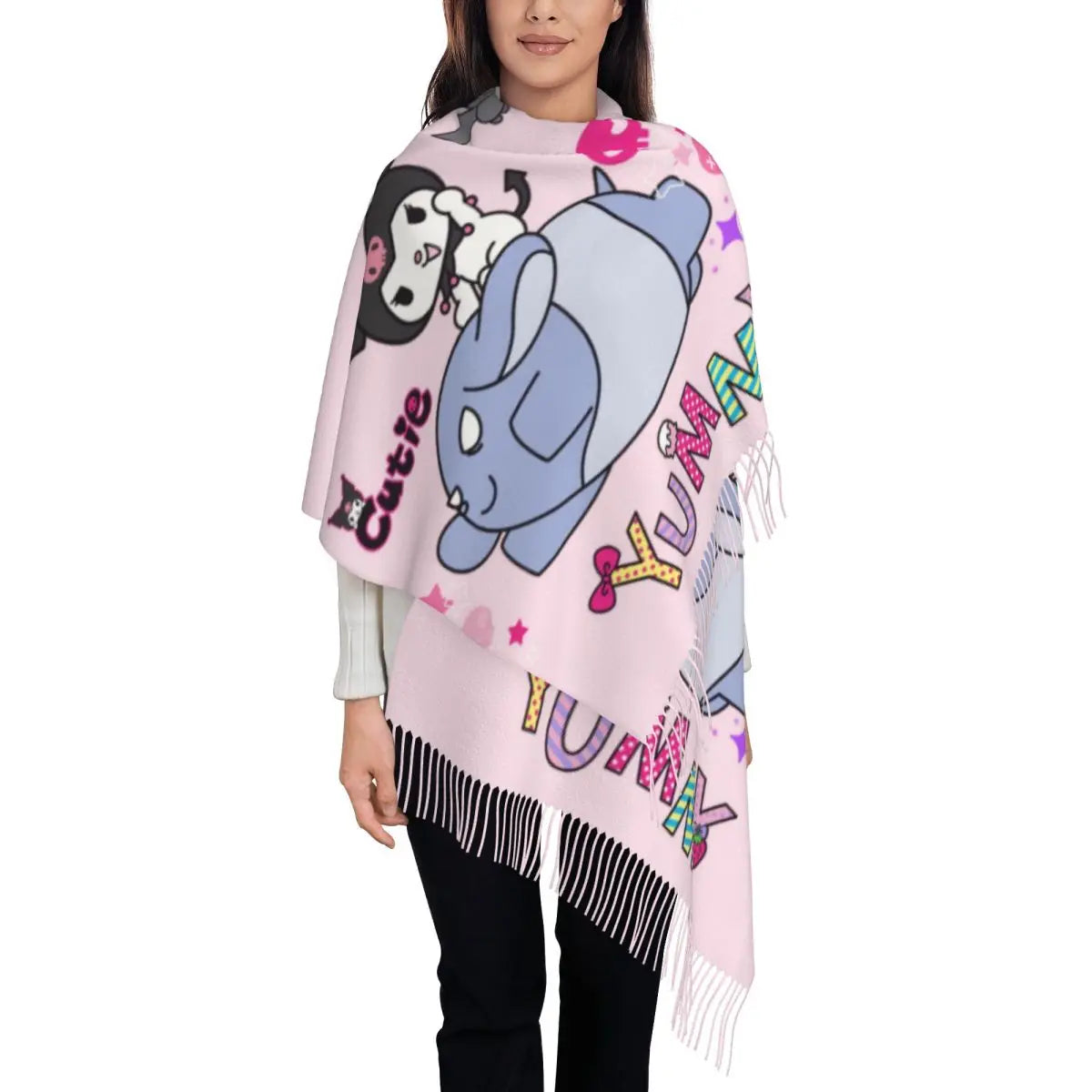 Custom Print Kawaii Tassel Winter Scarf - Cozy Anime-Inspired Shawl Wrap for Women