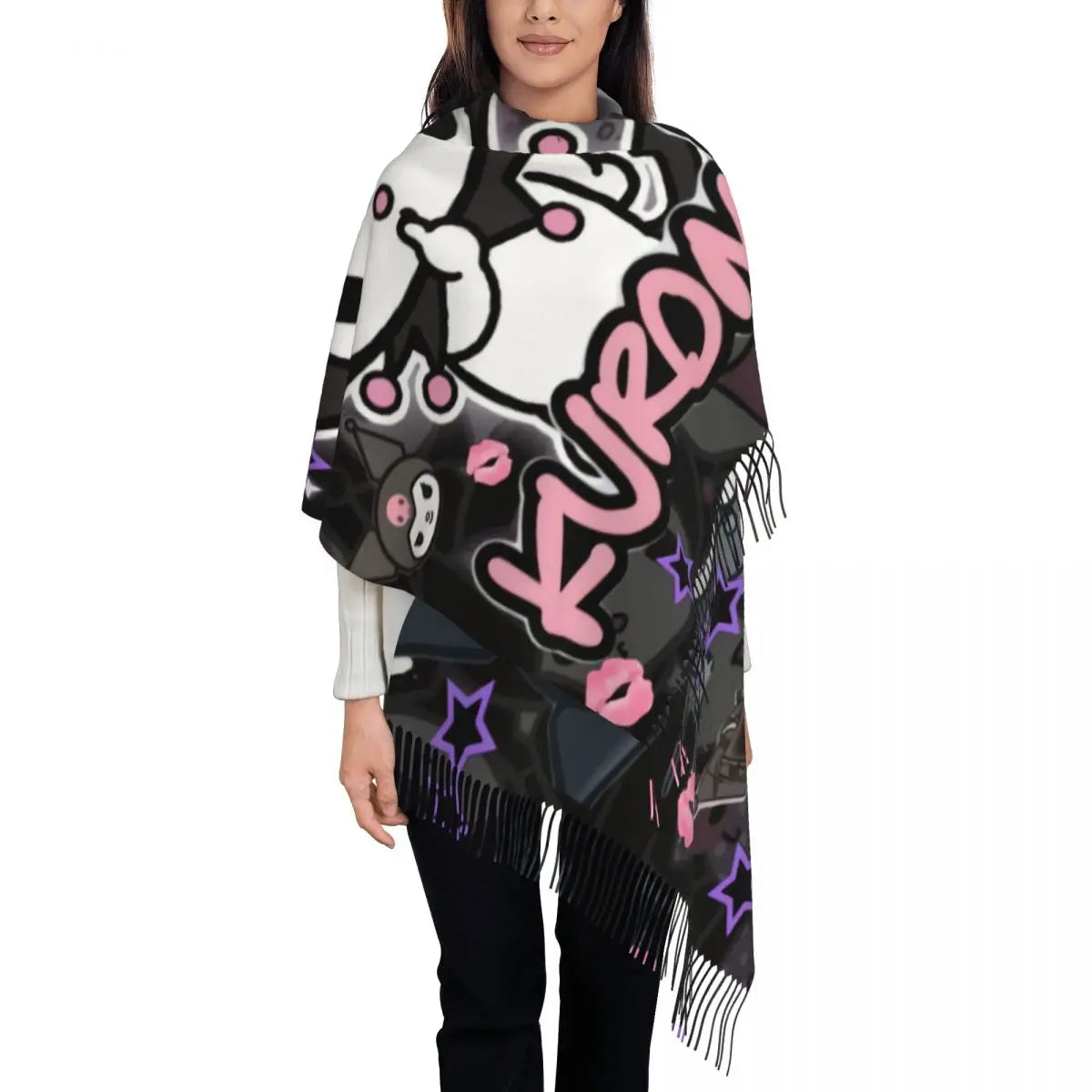 Custom Print Kawaii Tassel Winter Scarf - Cozy Anime-Inspired Shawl Wrap for Women