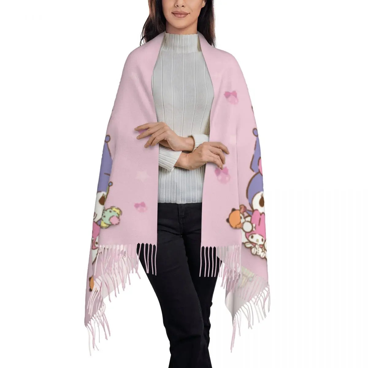 Custom Print Kawaii Tassel Winter Scarf - Cozy Anime-Inspired Shawl Wrap for Women