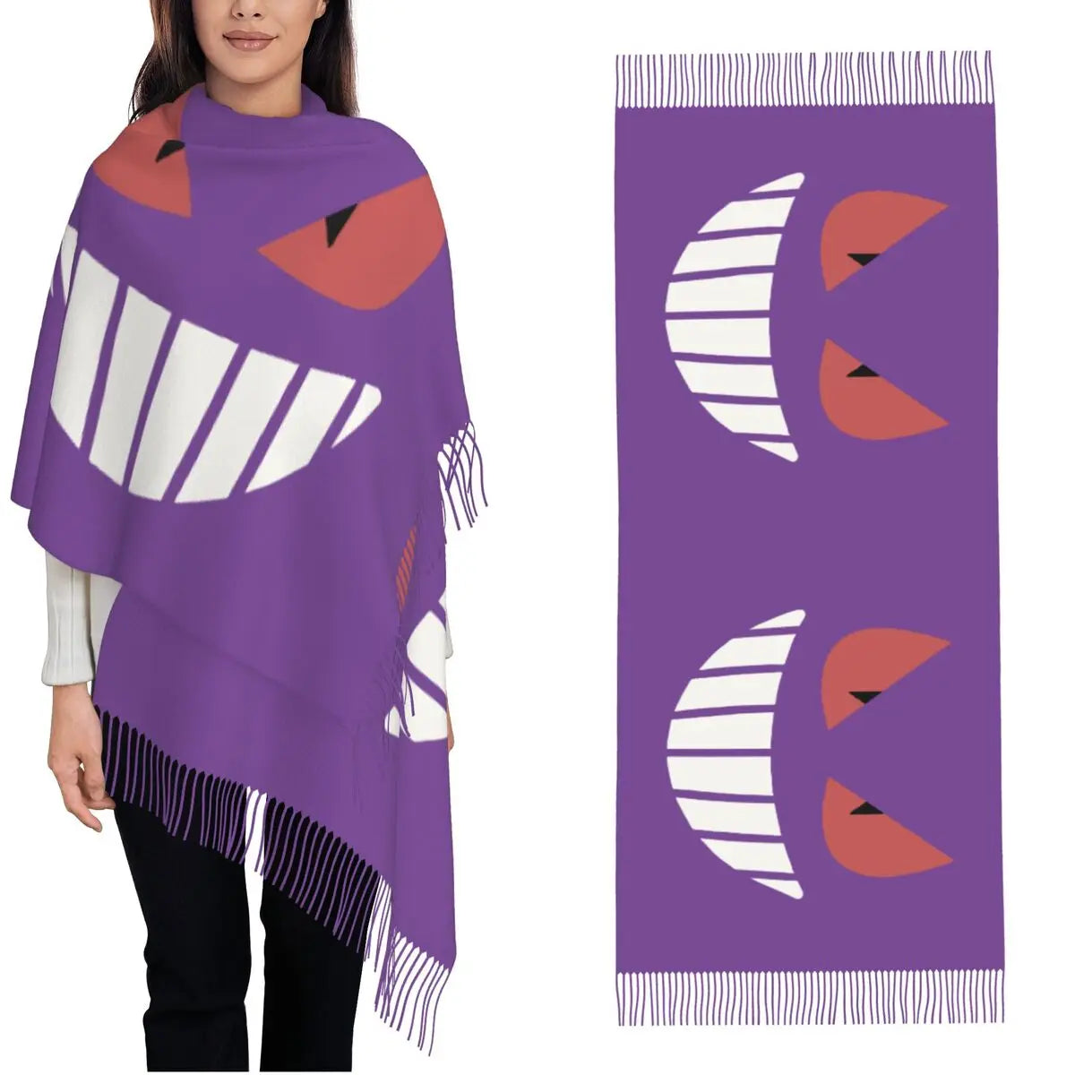 "Spooky Smile Tassel Scarf - Large Cozy Anime-Inspired Wrap for Fall & Winter | Game-Inspired Pashmina Shawl for Casual Wear"