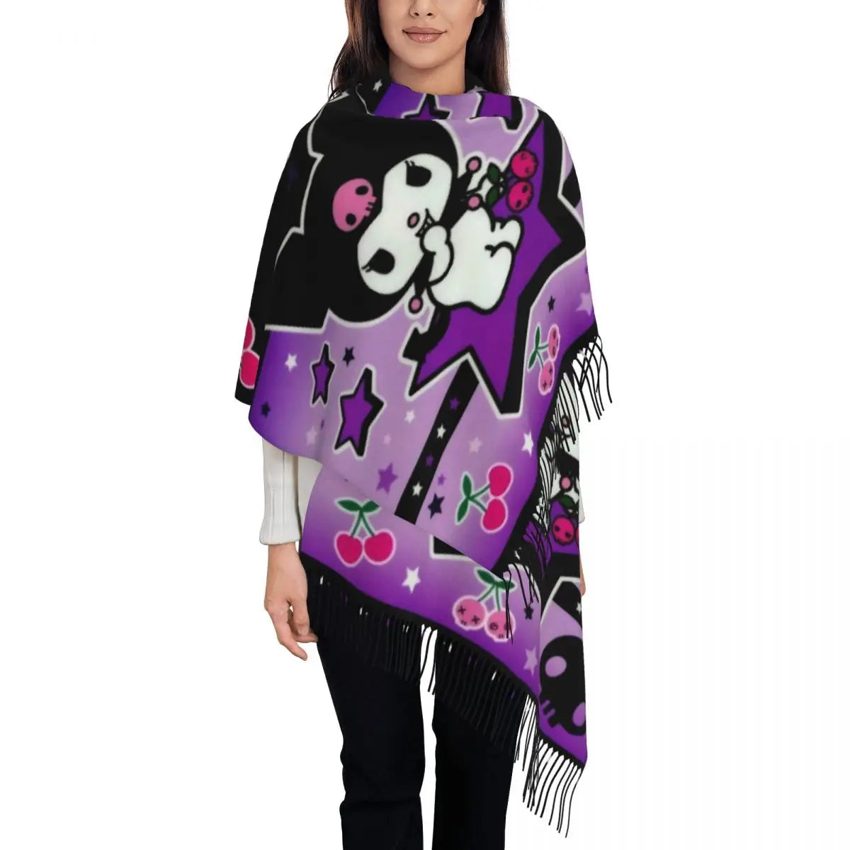 Custom Print Kawaii Tassel Winter Scarf - Cozy Anime-Inspired Shawl Wrap for Women