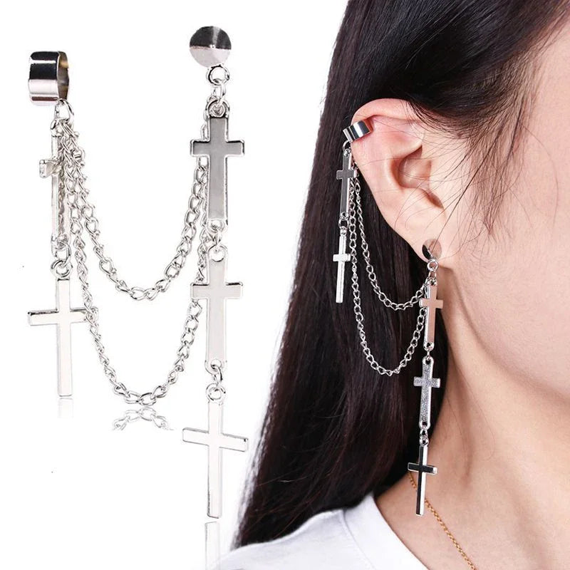 🖤 Gothic Cross & Sword Tassel Earrings – Punk Dangle Drop Earrings for Men & Women