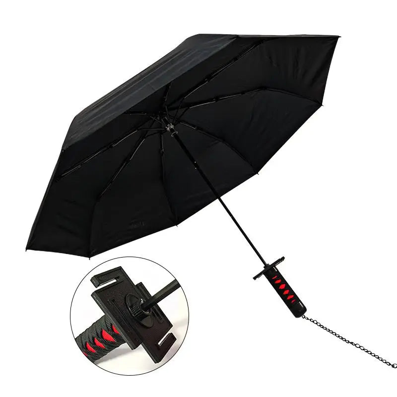 Samurai-Style Katana Umbrella – UV Blocking Folding Black Parasol