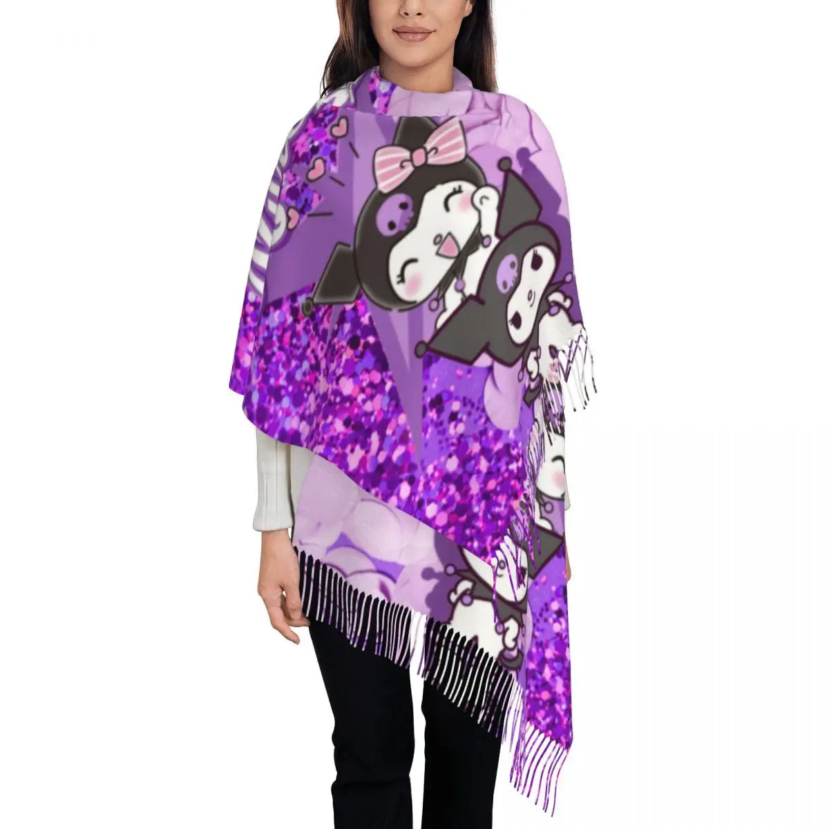 Custom Print Kawaii Tassel Winter Scarf - Cozy Anime-Inspired Shawl Wrap for Women