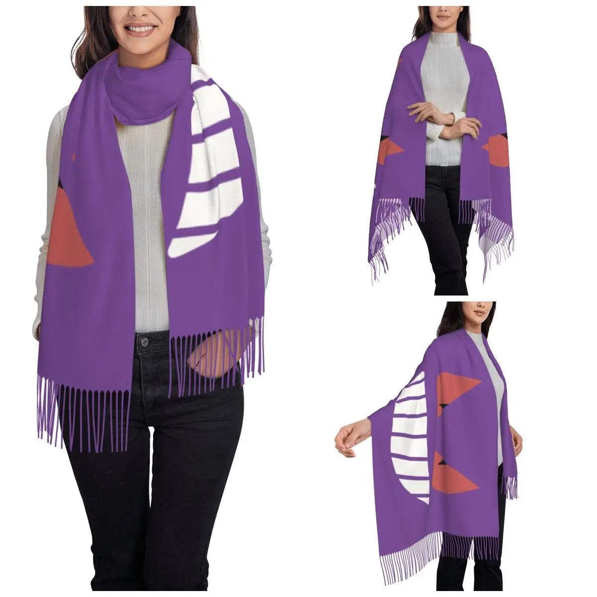 "Spooky Smile Tassel Scarf - Large Cozy Anime-Inspired Wrap for Fall & Winter | Game-Inspired Pashmina Shawl for Casual Wear"