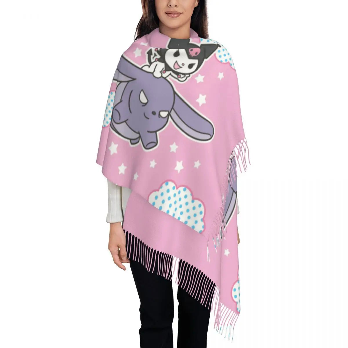 Custom Print Kawaii Tassel Winter Scarf - Cozy Anime-Inspired Shawl Wrap for Women