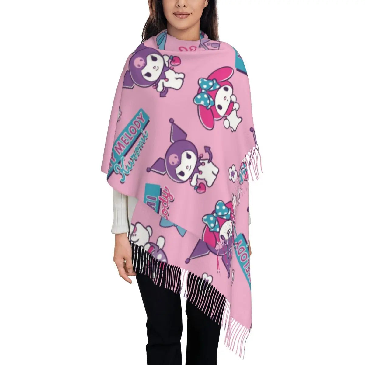 Custom Print Kawaii Tassel Winter Scarf - Cozy Anime-Inspired Shawl Wrap for Women