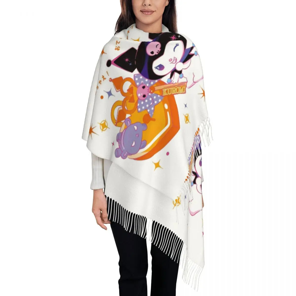 Custom Print Kawaii Tassel Winter Scarf - Cozy Anime-Inspired Shawl Wrap for Women