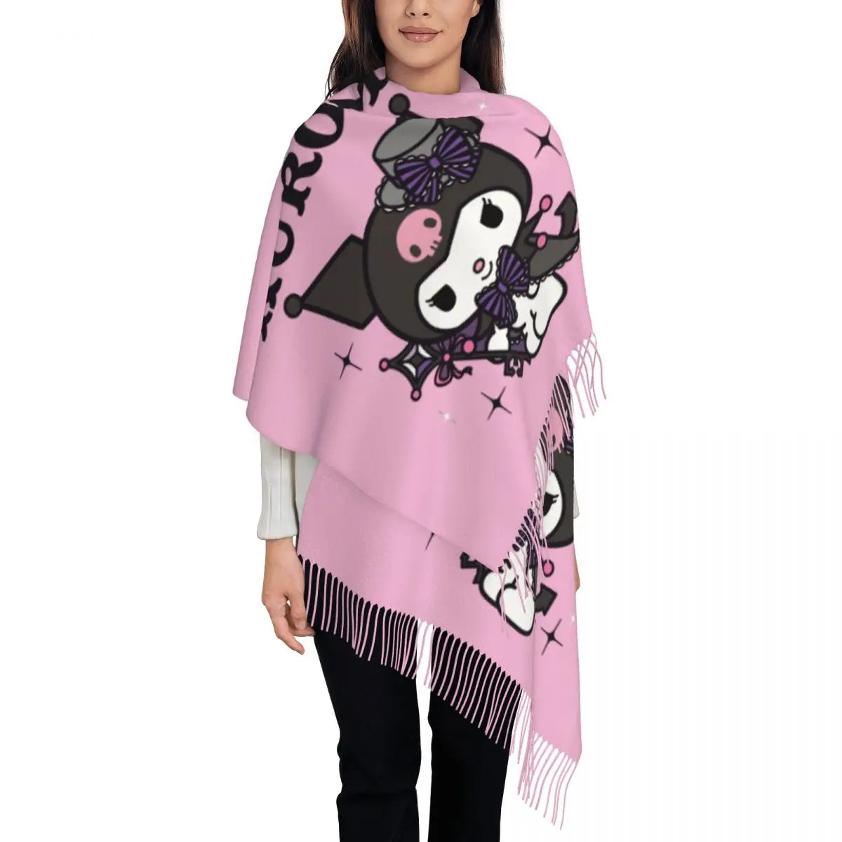 Custom Print Kawaii Tassel Winter Scarf - Cozy Anime-Inspired Shawl Wrap for Women