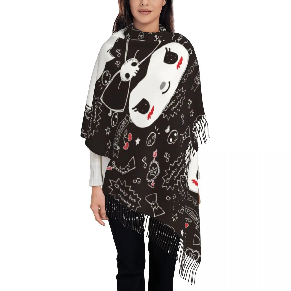 Custom Print Kawaii Tassel Winter Scarf - Cozy Anime-Inspired Shawl Wrap for Women