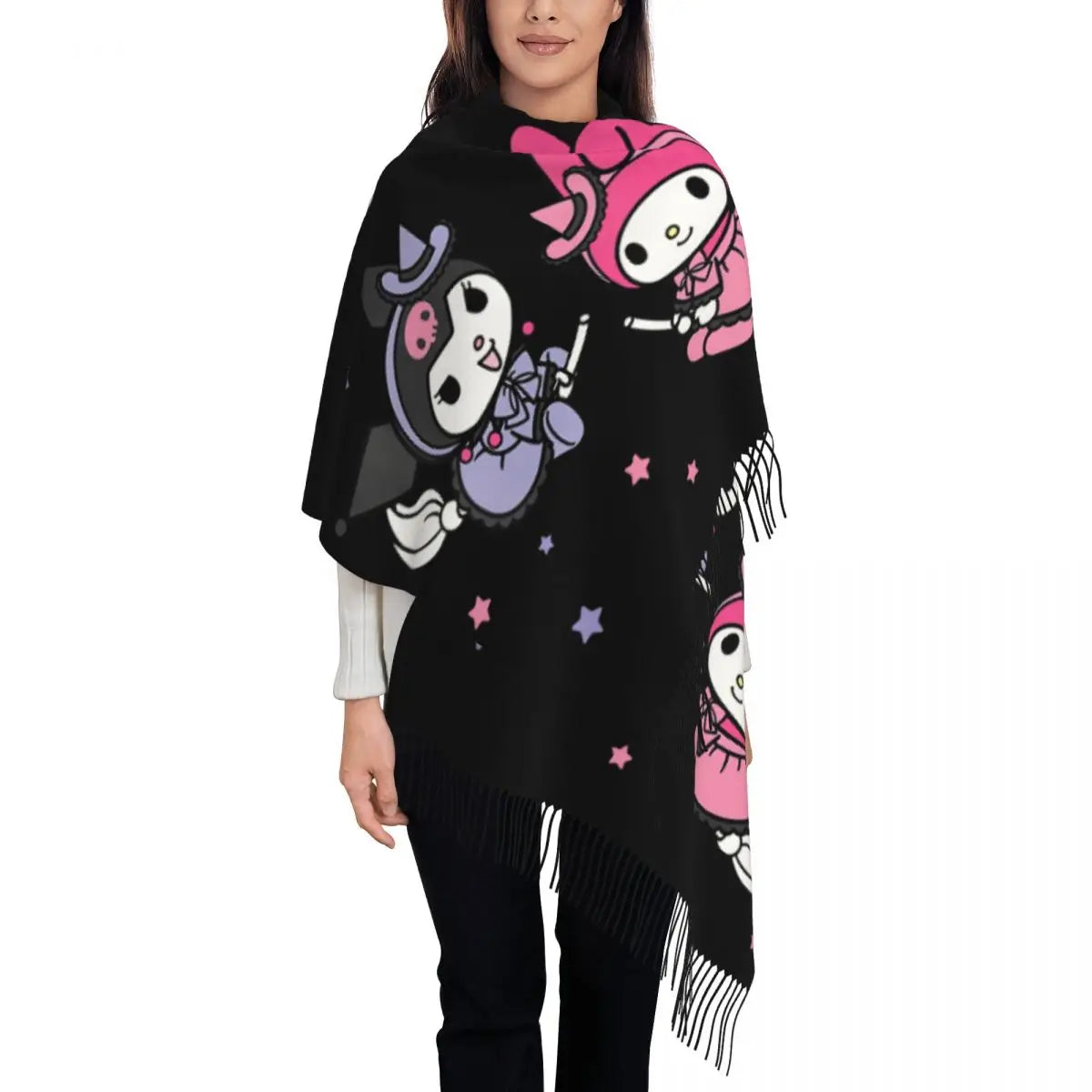 Custom Print Kawaii Tassel Winter Scarf - Cozy Anime-Inspired Shawl Wrap for Women