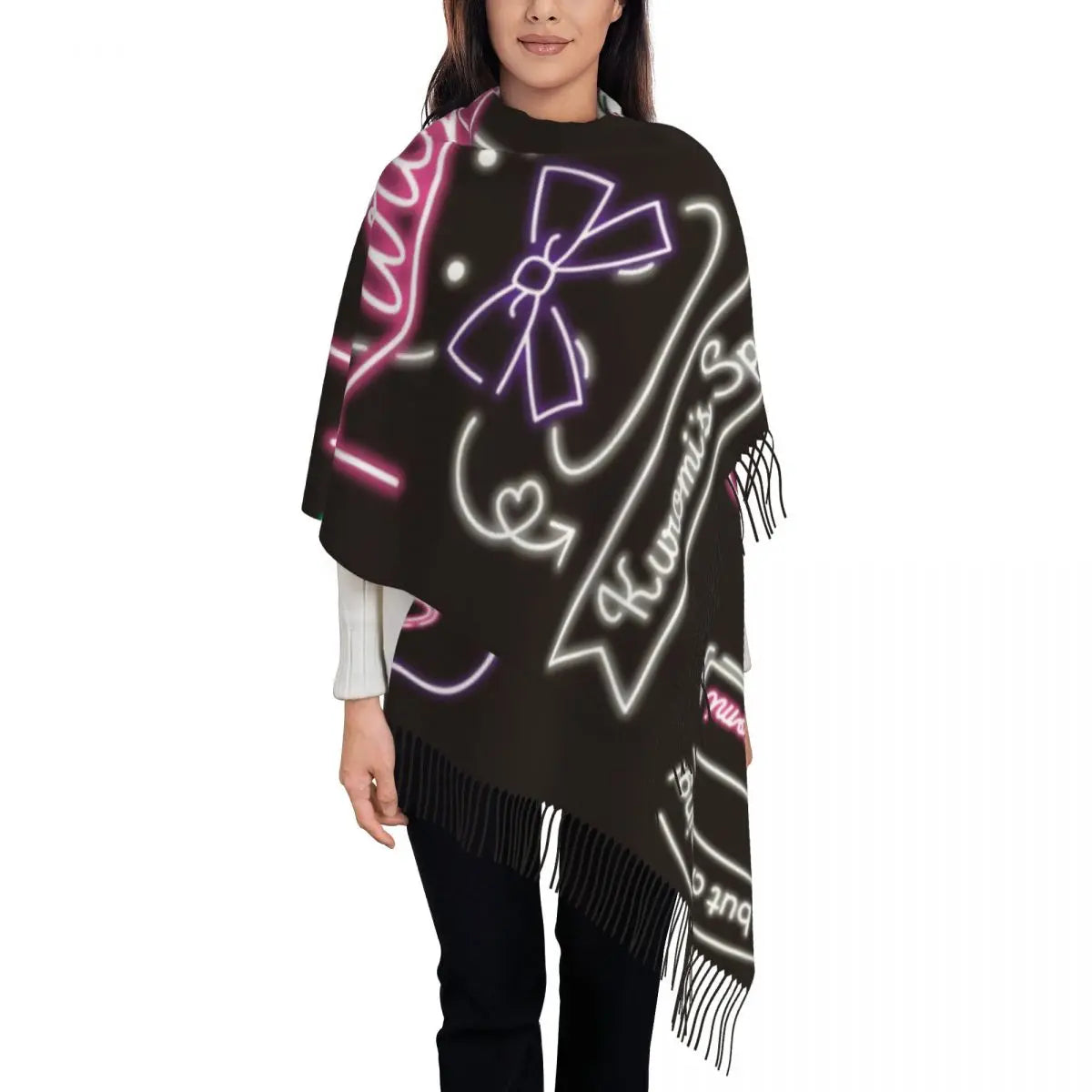 Custom Print Kawaii Tassel Winter Scarf - Cozy Anime-Inspired Shawl Wrap for Women