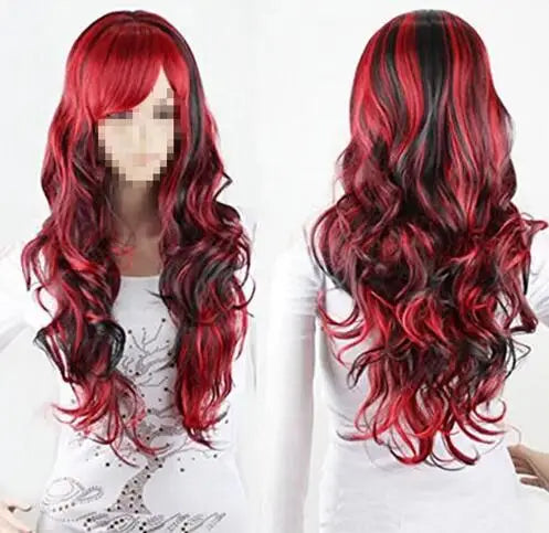 🔥 Long Wavy Red & Black Ombre Wig - Heat-Resistant Cosplay & Fashion Wig for Women