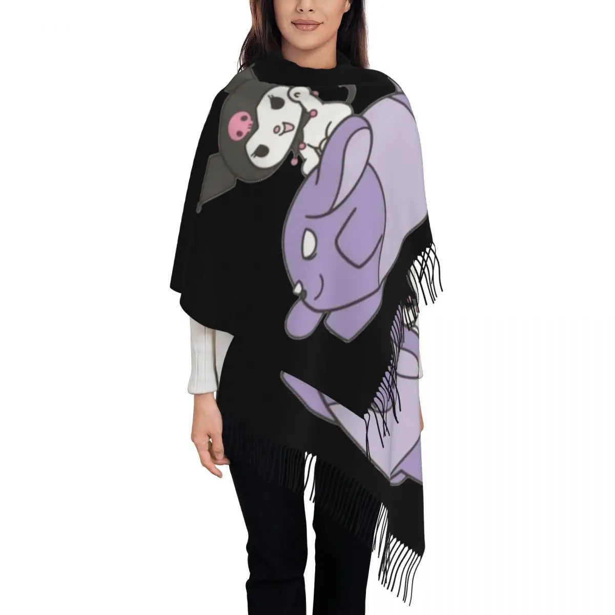 Custom Print Kawaii Tassel Winter Scarf - Cozy Anime-Inspired Shawl Wrap for Women